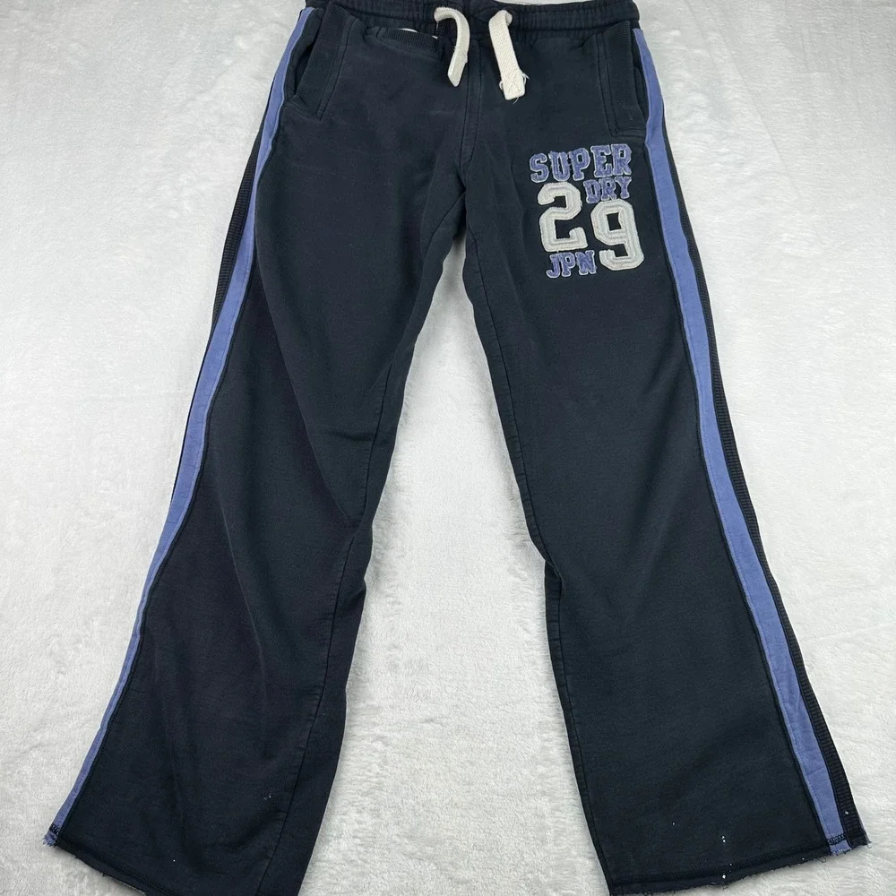 Superdry JPN 29 Mens Large Sweatpants Blue Side Stripe Fleece Lounge Joggers